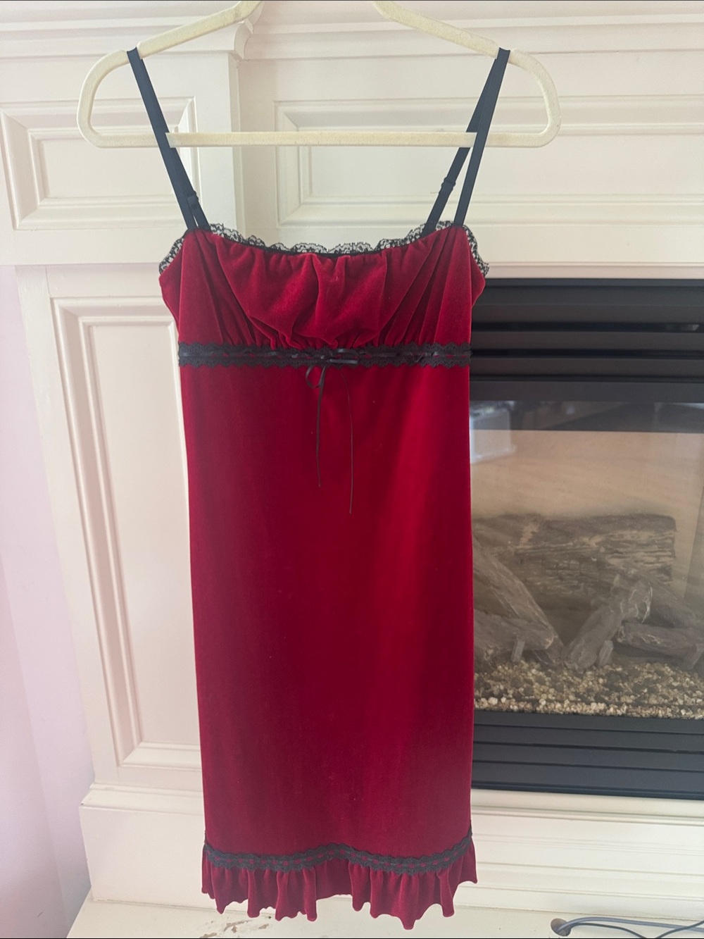 Red Velvet Midi Dress with Black Lace Trim